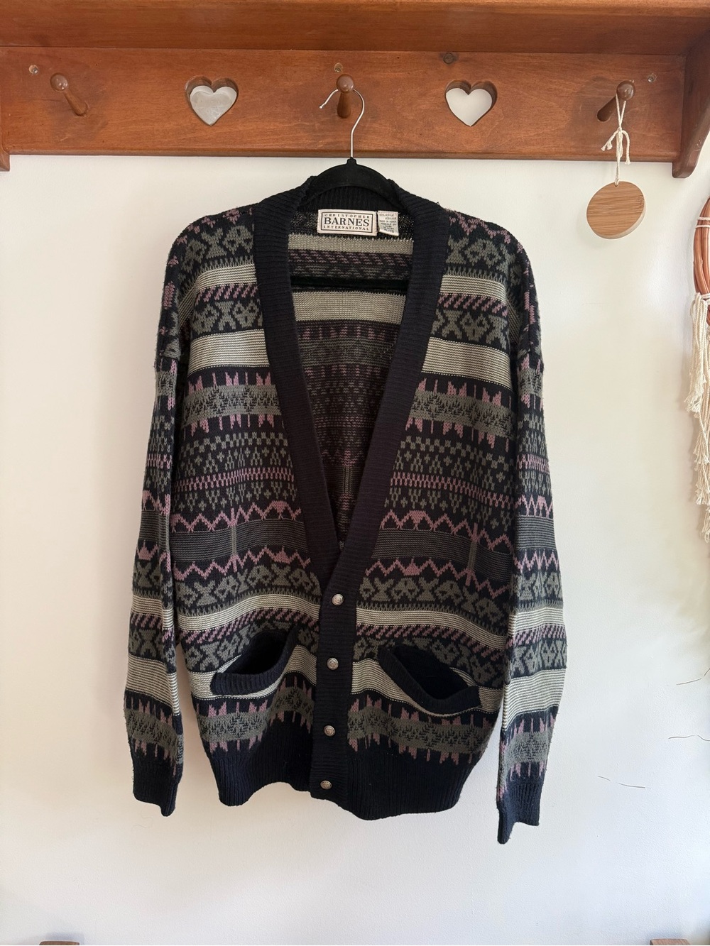 Vintage Barneys New York Black, Gray and Mauve Patterned Unisexe Cardigan
